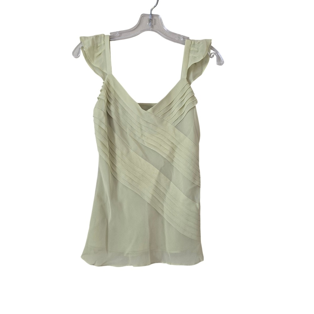 Alfani Sage Green 100% Silk Pleated Surplice Ruffle Strap Tank Top Blouse 4‎